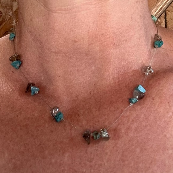 Turquoise and amethyst chip bead necklace on silver tone wire- handmade - Picture 5 of 9